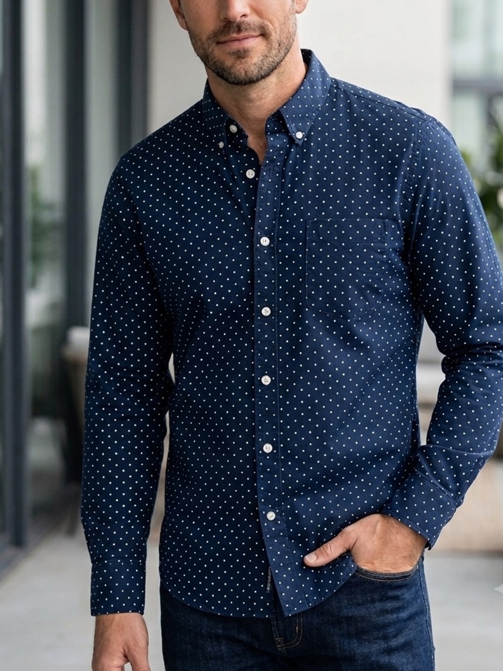 J.‎ Crew Navy Button-Down Shirt with White Polka Dots